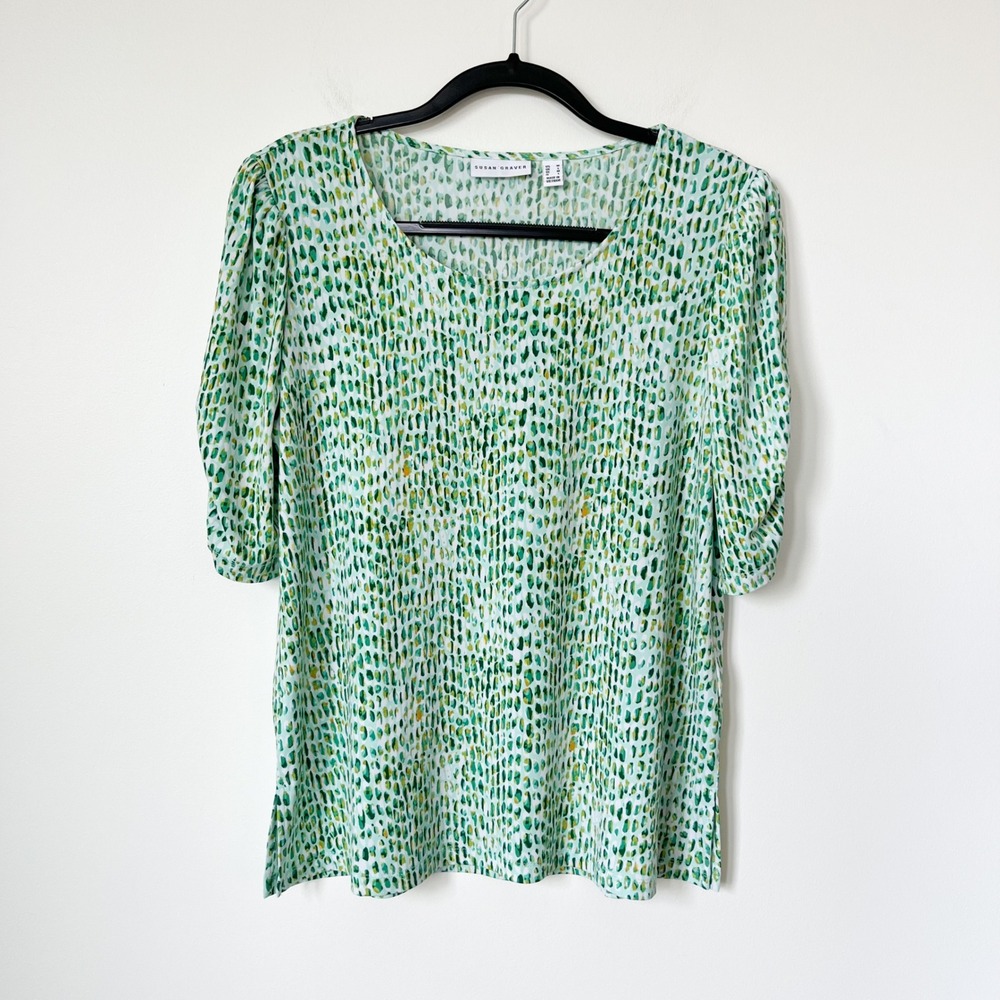 Susan Graver Liquid Knit Short Ruched Sleeve Top Green Snakeskin Print Medium